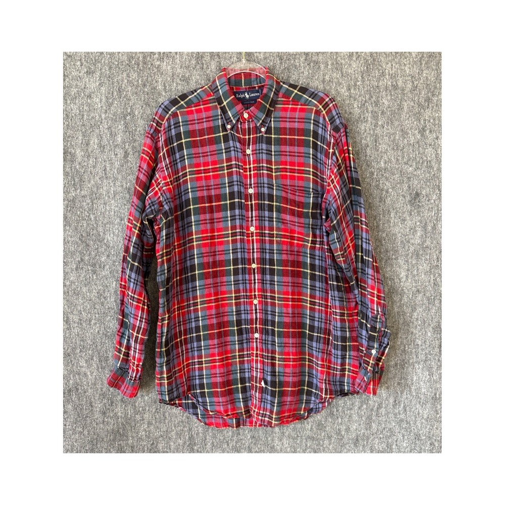 Ralph Lauren Mens Plaid Linen Button Down Shirt Red Blue Green Size‎ M